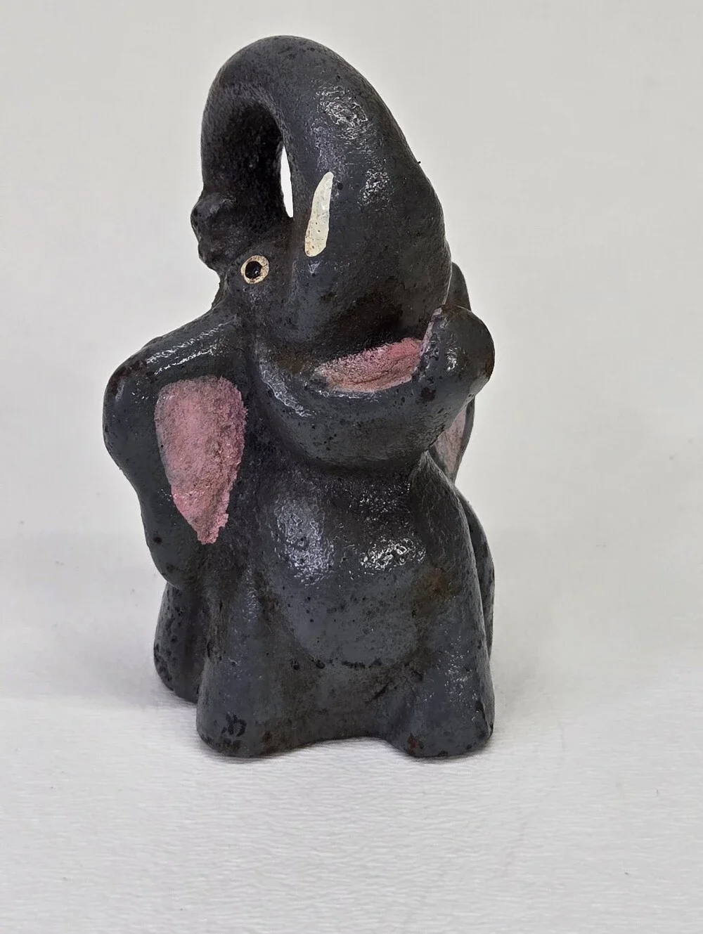 VTG Cast Iron Elephant Bottle Opener Figural Paperweight‎ Trunk Up Pink Mouth #3